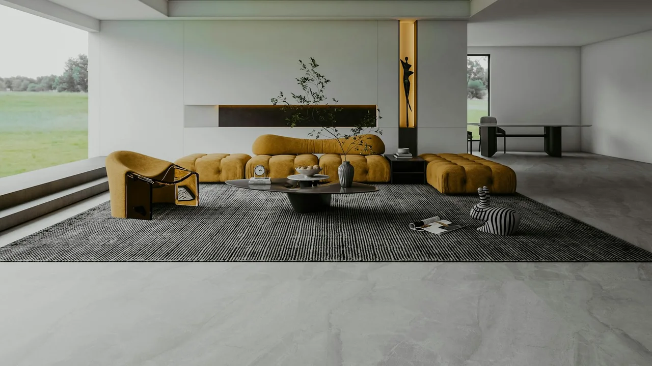 a modern living room with a large window
